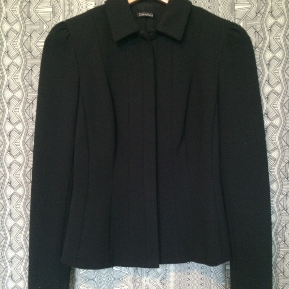 TAHARI Black Woven Stretch Blazer Snap Front